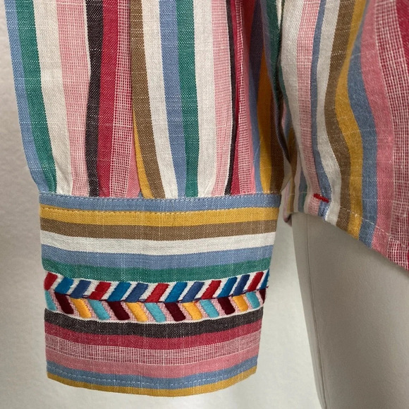 Xirena Pink Sunrise Banded Neck Long Sleeve Ruffle Striped Jensen Shirt Size S - Picture 6 of 12